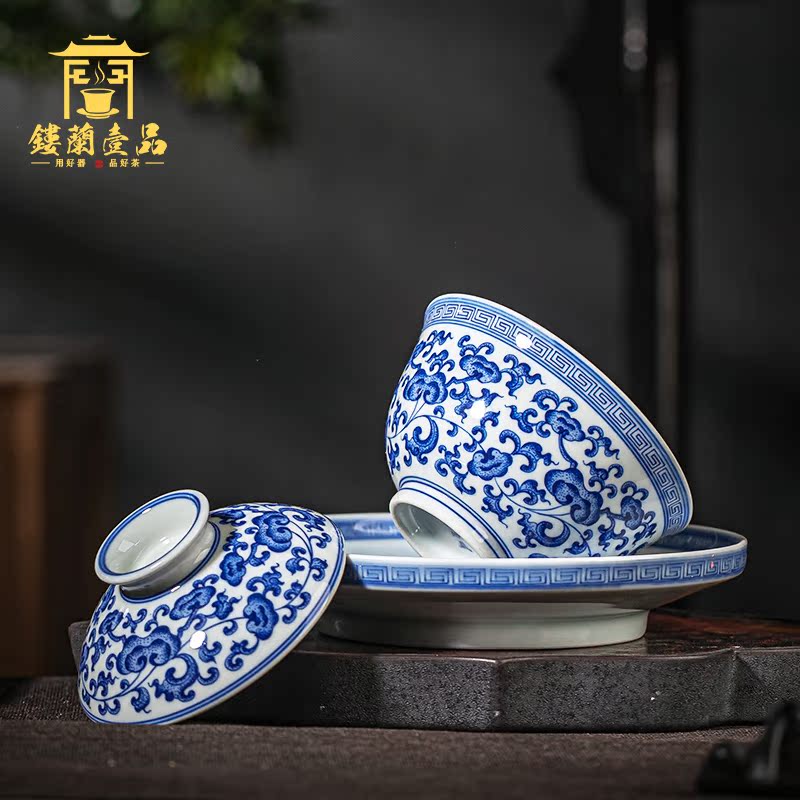 Jingdezhen ceramic blue and white tie up within the lotus flower sweet hand - made all three tureen kung fu tea tureen large bowl