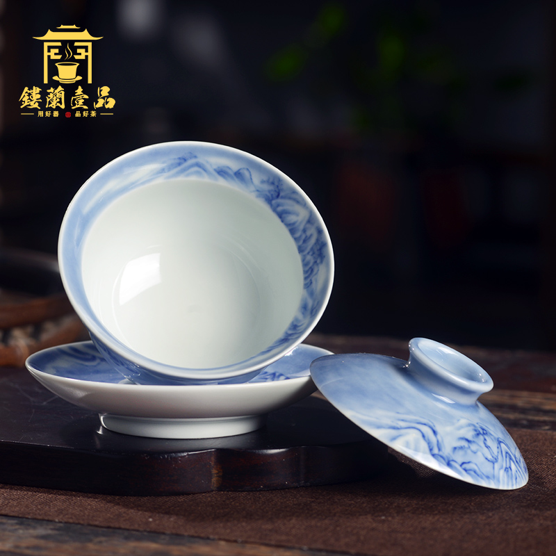 Jingdezhen blue and white, maintain the snowscape hand - made ceramic only three tureen tea cups kunfu tea ware bowl with cover a single