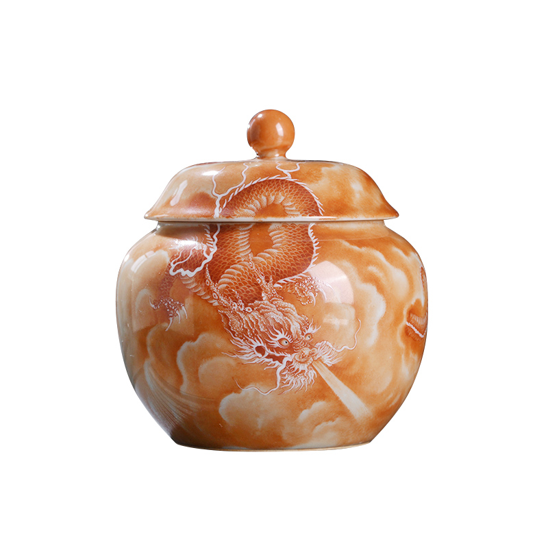 Jingdezhen ceramic all hand - made alum red YunLongWen caddy fixings storage tanks with cover seal pot home furnishing articles