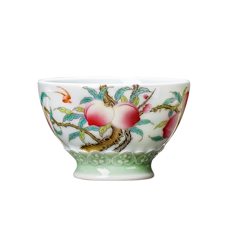 Jingdezhen ceramic all hand pastel peach branches about nine live carving master cup kung fu tea tea cup