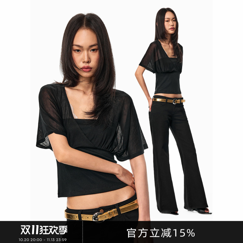 Gogo Burn American-Style Black Lyocell Thin Mesh Short-Sleeve T-Shirt for Women, Summer Waist-Cinching Slimming Short Top