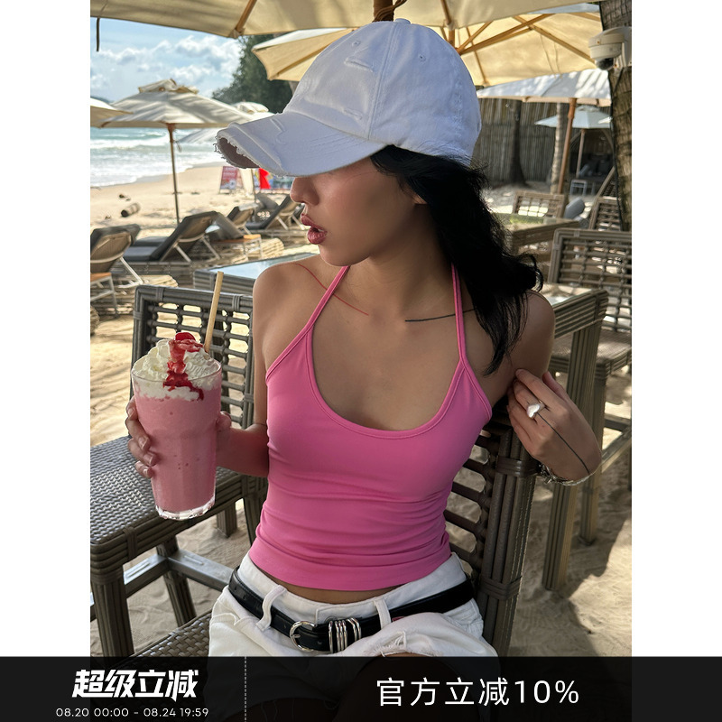 Gogoburn American Style Hot Girl Pink Halter Neck Camisole Women's 2026 Summer Sexy Outerwear Inner Wear Short Top Gogoburn American Style Hot Girl Pink Halter Neck Camisole Women's 2026 Summer Sexy Outerwear Inner Wear Short Top