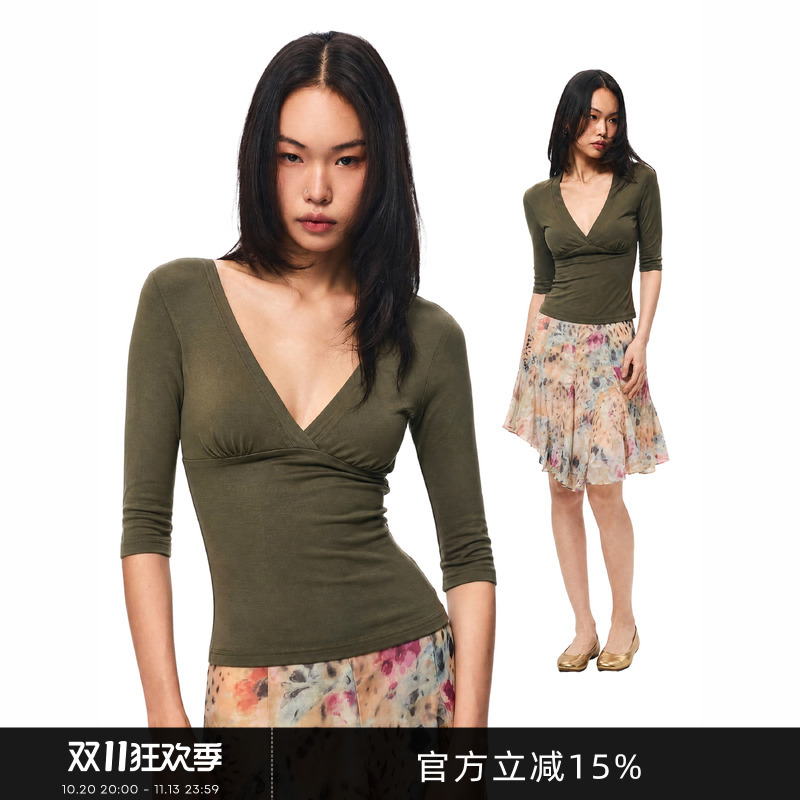 Gogo Burn American-Style Green Cross V-Neck Three-Quarter Sleeve T-Shirt for Women, New Autumn Slim-Fit Waist-Cinching Top