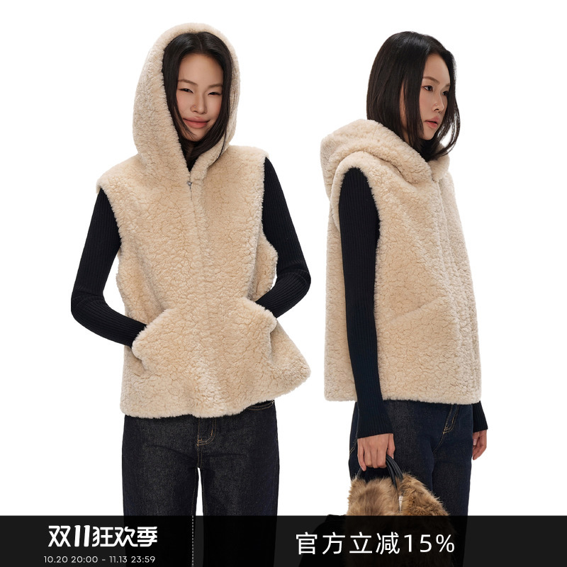 Gogo Burn Hooded Eco-Friendly Fur Vest for Women, Autumn and Winter, Apricot Color, Imitation Cashmere Fur Integrated Warm Short Coat