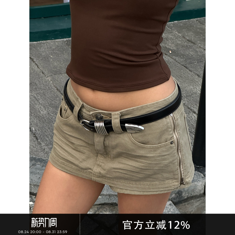 Gogoburn Retro Pure Cotton Low-Waist Denim Skirt for Women, Summer Hot Girl Slim A-Line Skirt Shorts, Fake Two-Piece Shorts