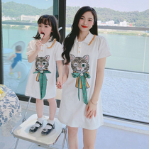 Pro-child dress Xia-style baby mother woman Liondress New high-end Fried Street Family of three polo collar Shirt Reduction short sleeves
