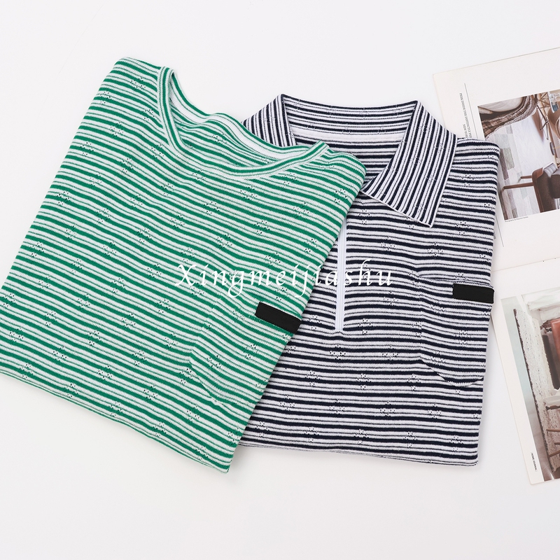Girl M! Fashionable and Relaxed! Letter Badge Half-Zip Striped Polo Long-Sleeve Knit Top
