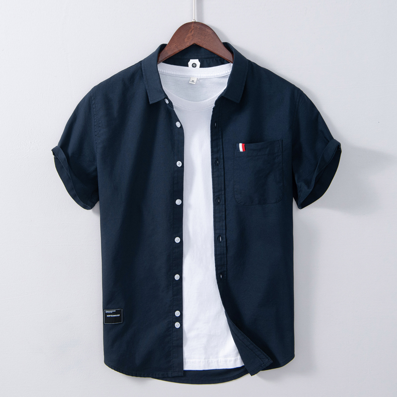 Summer Japanese-Style Business Casual Short-Sleeve Shirt for Young Men, Breathable Thin Pure Cotton Texture, Dark Blue, Versatile for Work Summer Japanese-Style Business Casual Short-Sleeve Shirt for Young Men, Breathable Thin Pure Cotton Texture, Dark Blue, Versatile for Work
