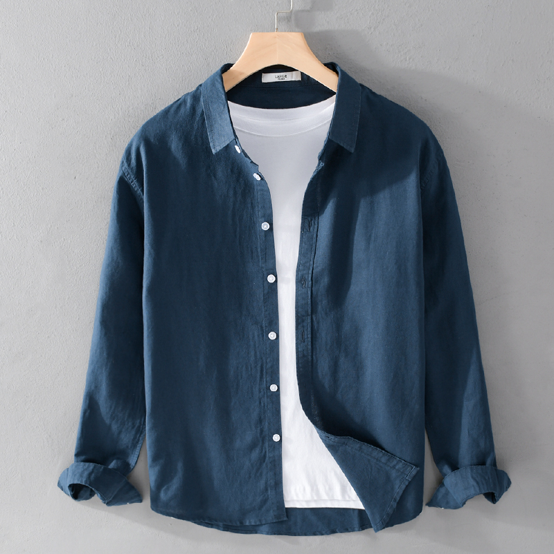 Cotton and Linen Casual Shirt, Breathable, Dark Blue, Artistic, Workplace, Men's Long-Sleeved Linen, Thin, Loose, Japanese-Style Cardigan Cotton and Linen Casual Shirt, Breathable, Dark Blue, Artistic, Workplace, Men's Long-Sleeved Linen, Thin, Loose, Japanese-Style Cardigan