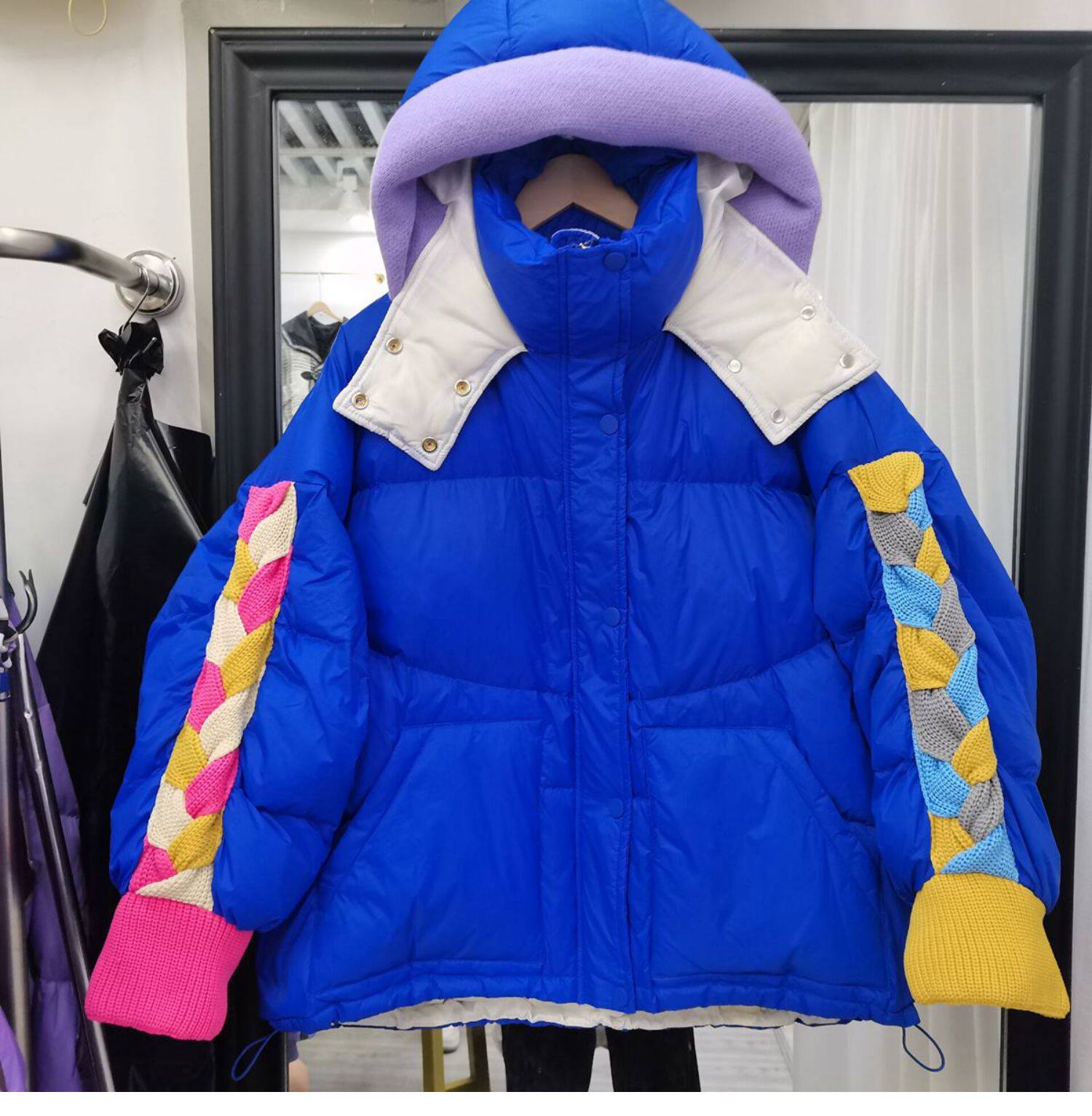 2022羽绒服女短款针织连帽拼接袖韩版糖果色反季清仓设计感外套潮详情8