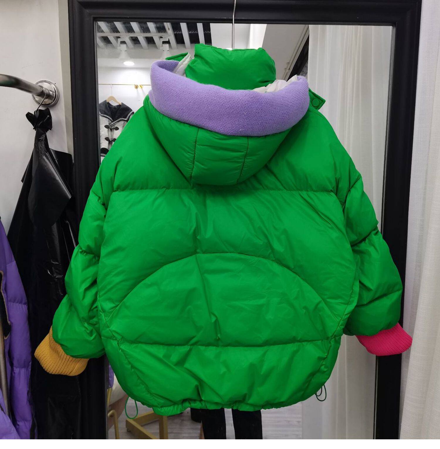 2022羽绒服女短款针织连帽拼接袖韩版糖果色反季清仓设计感外套潮详情13