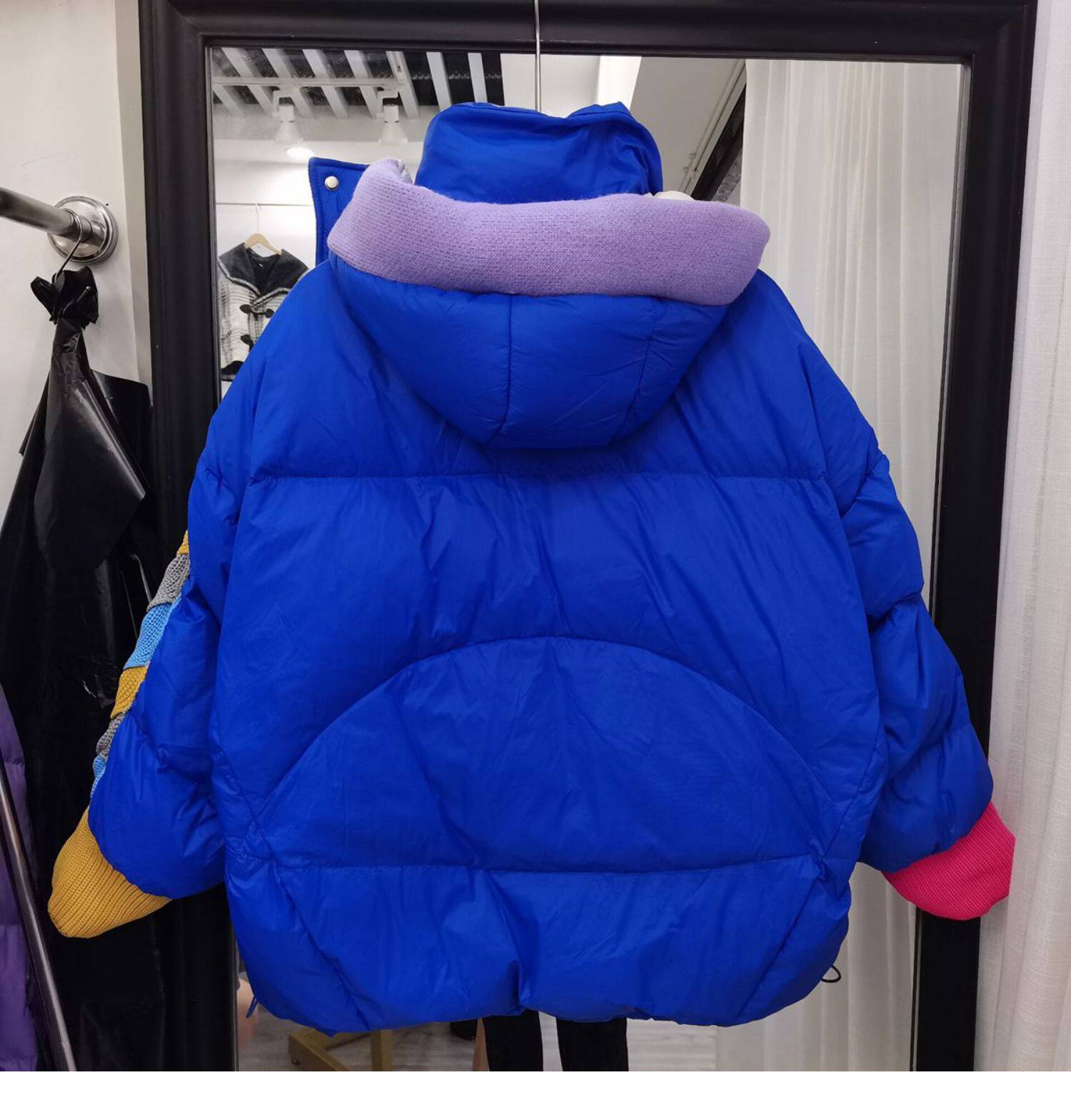 2022羽绒服女短款针织连帽拼接袖韩版糖果色反季清仓设计感外套潮详情9