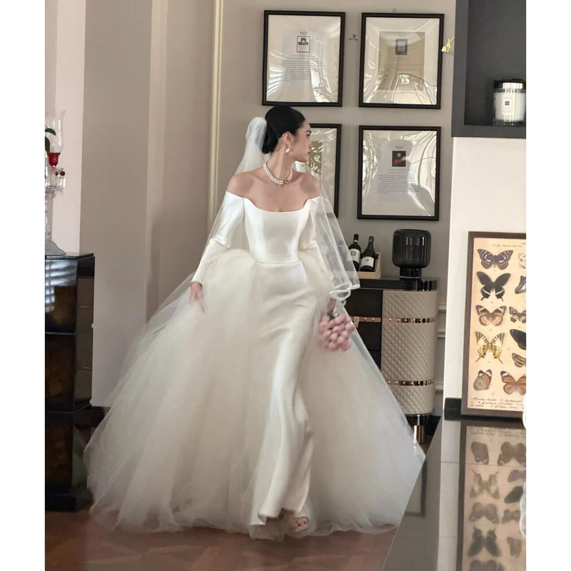 White Light Wedding Dress, Off-Shoulder Satin Mermaid Train Gown, 2026 New Style Bride Travel Photoshoot, Reception, Going-Out Main Dress