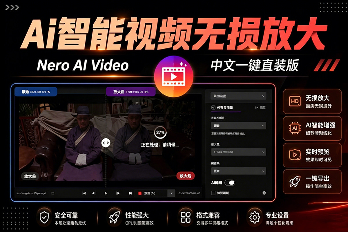 AI智能视频无损放大与增强工具 Nero AI Video Upscaler v1.3.16.0 一键直装版 老旧视频变高清大片