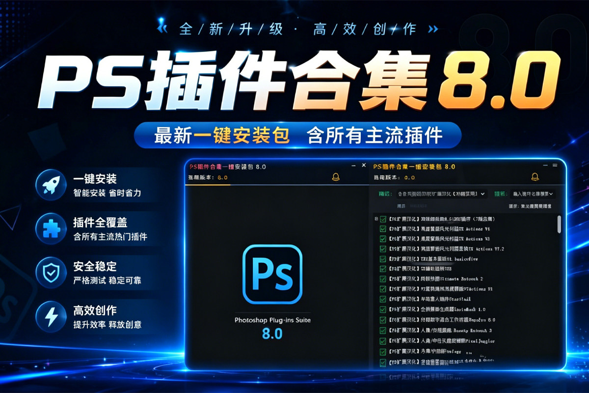 超全PS插件合集8.0版本 – 滤镜合集全套汉化DR5磨皮降噪油画调色抠图预设特效包 一键安装WIN版