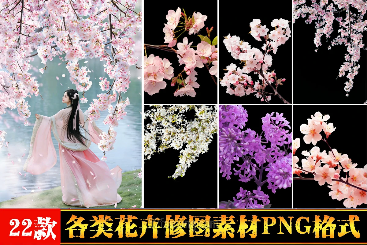 【PNG】古风白色粉色樱花花卉花枝古风战国袍汉服写真照ps修图素材PNG图