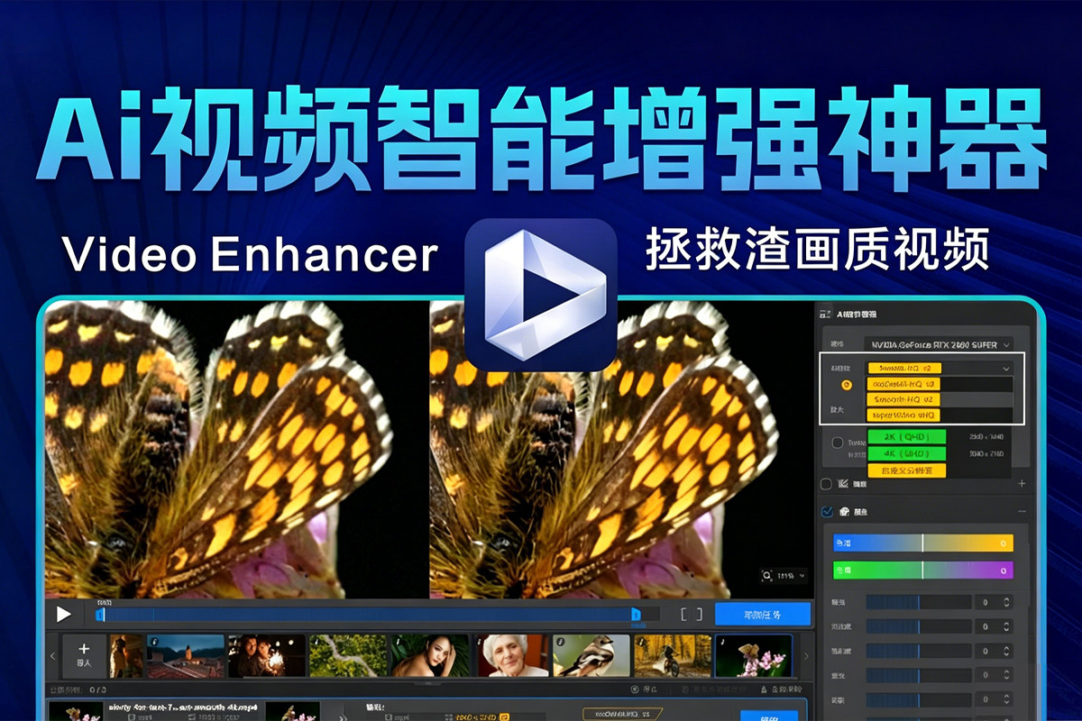 AI视频智能增强神器 Aiarty Video Enhancer 3.7 win/mac 拯救渣画质视频！视频降噪 消除模糊 细节增强 慢动作 音频降噪 色彩与HDR