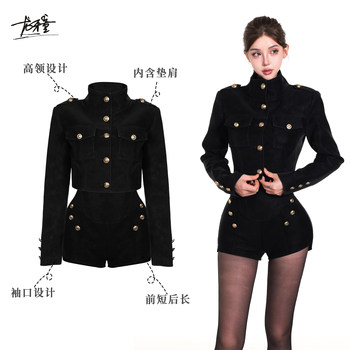 Long yatong recommends the young lady in the british area. british retro black stand-up collar short coat with a high-end feel in autumn.