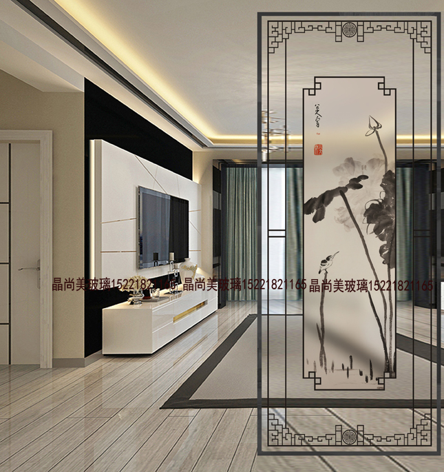 Art glass partition Xuanguan New Chinese style minimalist style Makeup Room Dry wet Area Screen Two sides look ink lotus flowers