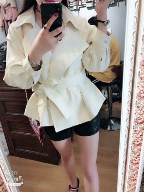 Uta đen slim chic áo khoác ngắn mùa thu và mùa đông mới thắt lưng BF dài tay áo mỏng PU áo khoác da nữ blazer da