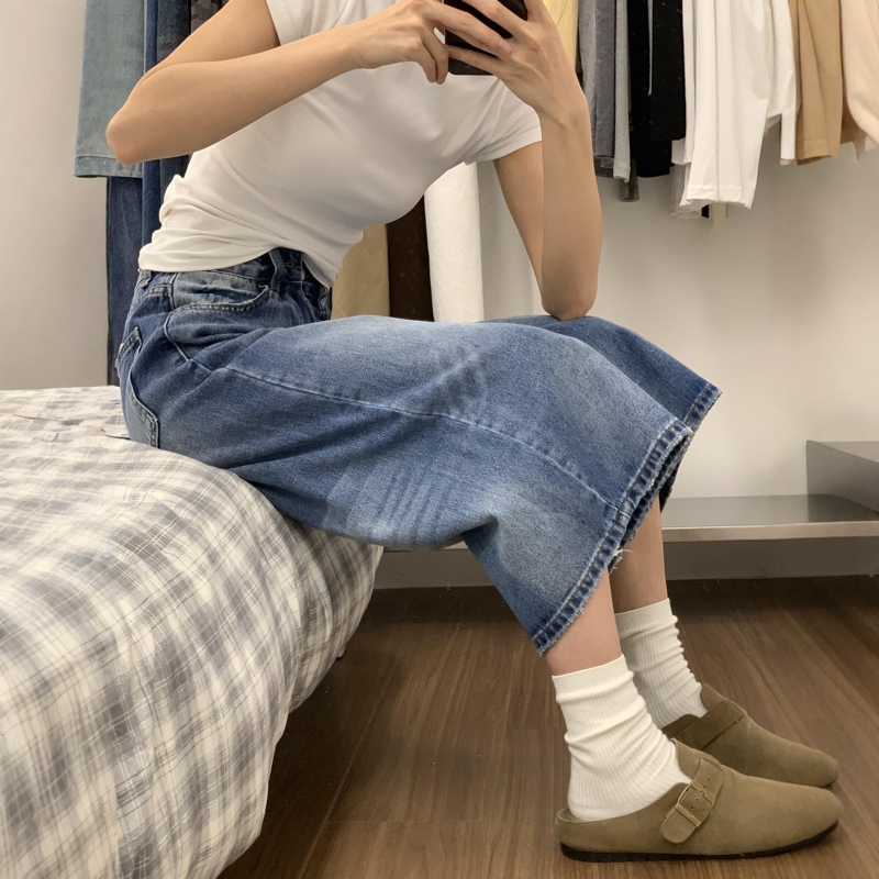 American Retro Cropped Jeans for Women 2026 New High-Waisted Slimming Loose Fit Petite Distressed Straight-Leg Mid-Length Pants
