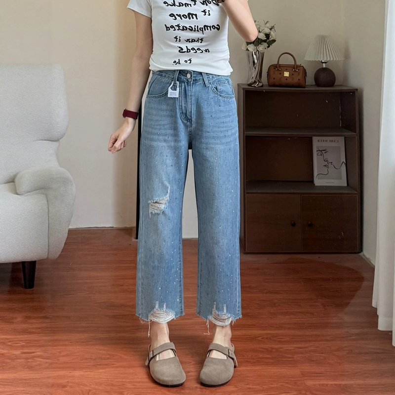 Ripped Rhinestone Straight-Leg Jeans for Women, New Summer Style, Plus Size, Petite, High-Waisted, Slimming, Cropped Wide-Leg Pants Ripped Rhinestone Straight-Leg Jeans for Women, New Summer Style, Plus Size, Petite, High-Waisted, Slimming, Cropped Wide-Leg Pants