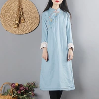 Trung Quốc phong cách retro văn chương sườn xám cotton và vải lanh cotton phụ nữ mùa đông dài phần trà quần áo cotton áo choàng bông áo choàng áo khoác nam kaki lót lông