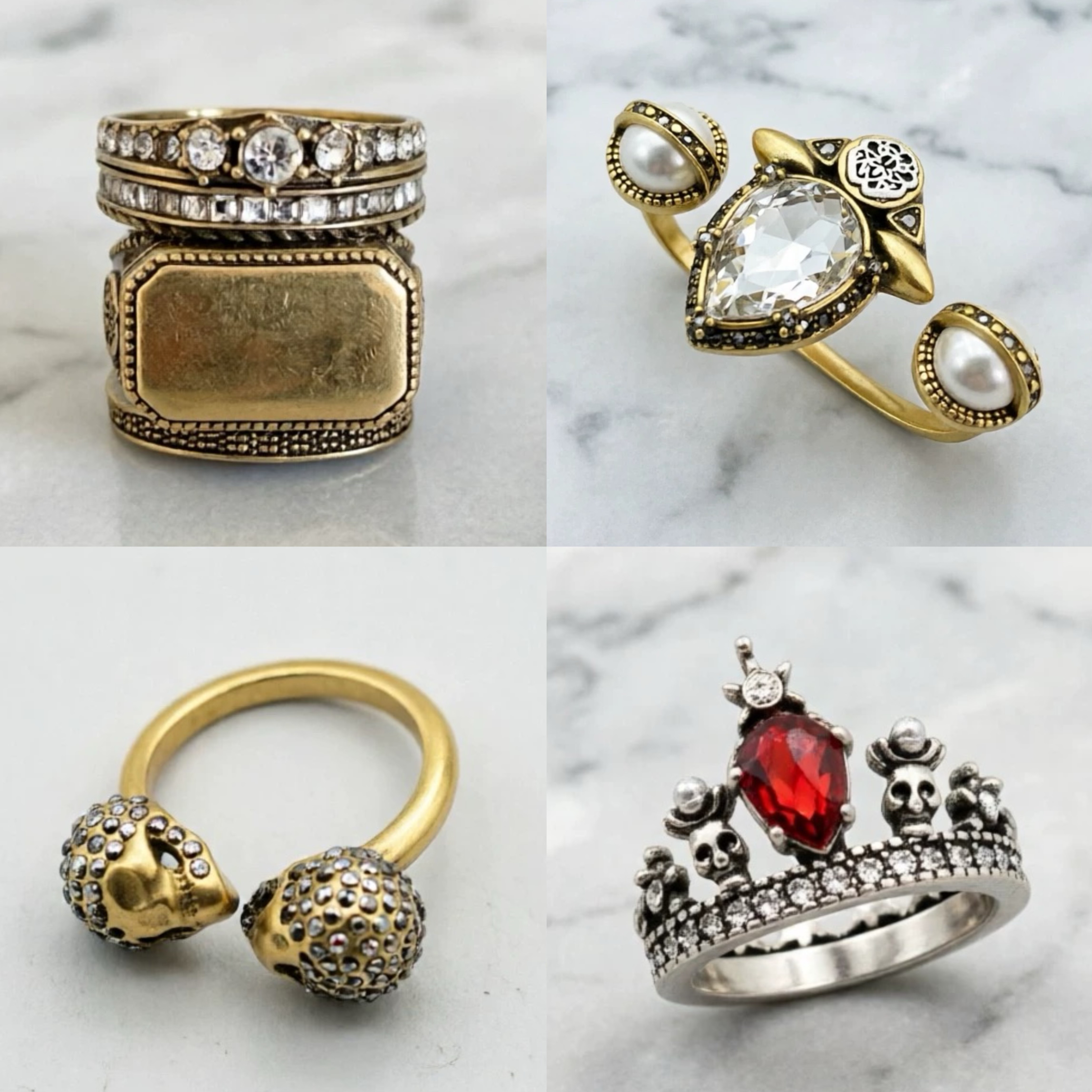 Vintage McQueen AMQ ring, high-quality copper gold-plated skull punk style ring.