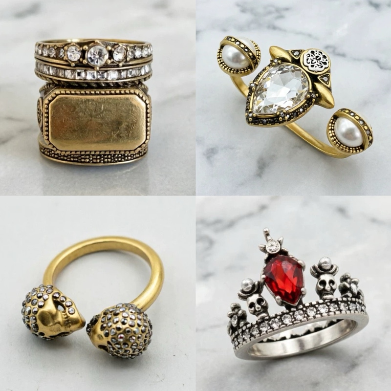 Vintage Retro Mcqueen Amq Ring with High-Quality Copper Gold-Plated Skull Punk Style Ring