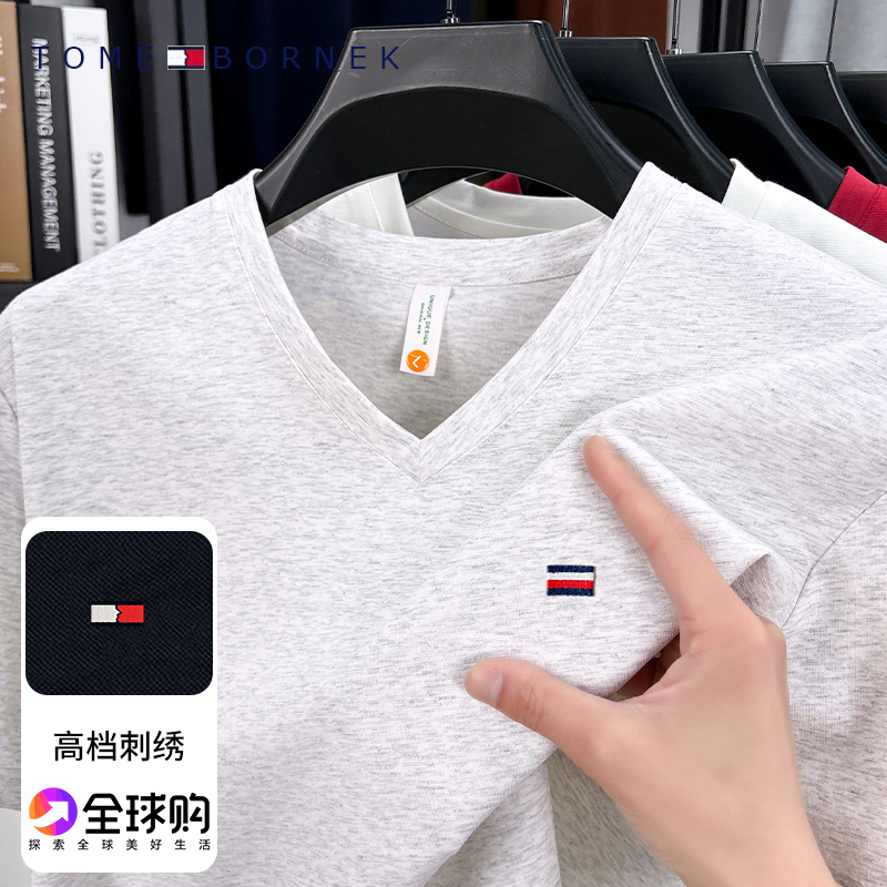 Tommy Hilfiger Pure Cotton V-Neck Short-Sleeve T-Shirt for Men, Summer Sweetheart Neckline, Solid Color, Loose Fit, Designer Embroidery, Trendy