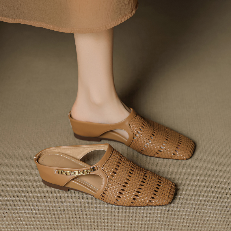 Italian Grounds~ Stunning Woven Hollow-Out Toe-Cap Sandals, Fairy-Like Genuine Leather Height-Increasing Mules, Versatile