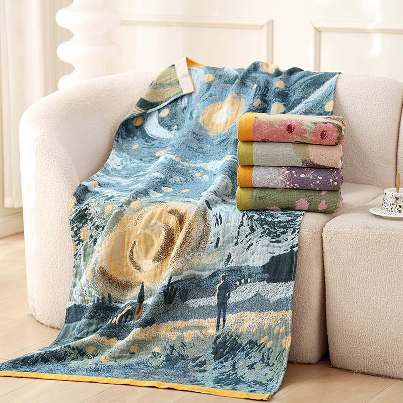 Oil Painting Style|Colorful All-Cotton Four-Layer Gauze Bath Towel for Home Use, Absorbent, Soft, Large Bath Towel Wrap Oil Painting Style|Colorful All-Cotton Four-Layer Gauze Bath Towel for Home Use, Absorbent, Soft, Large Bath Towel Wrap