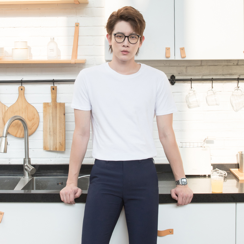 CSOCSO spring summer men's white inner lap casual short sleeve short T-shirt trendy Korean wind round collar simple chic blouse