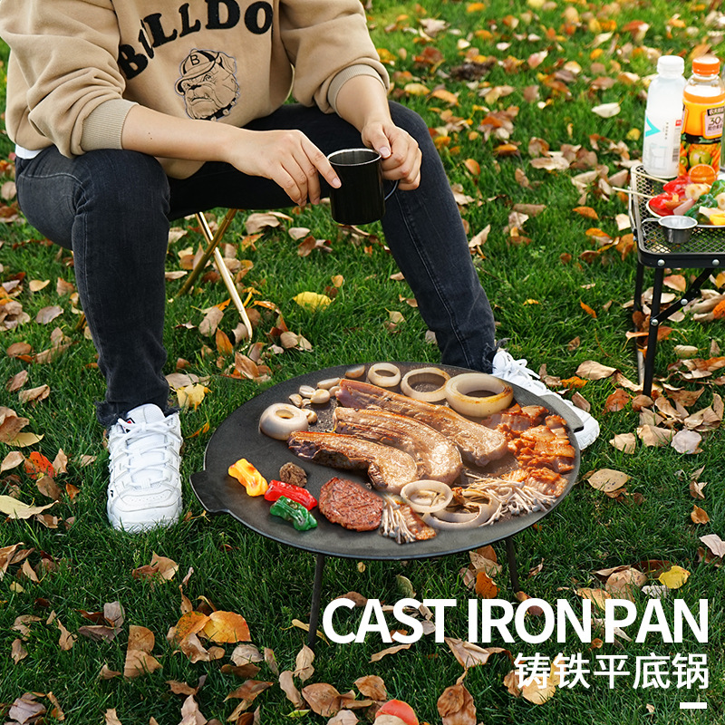 CLS Outdoor Picnic Barbecue Pan Large Pie Pit Cast Iron Flat Bottom Pan Camping Frying Pan Self-Driving Wrought Iron Grill Pan