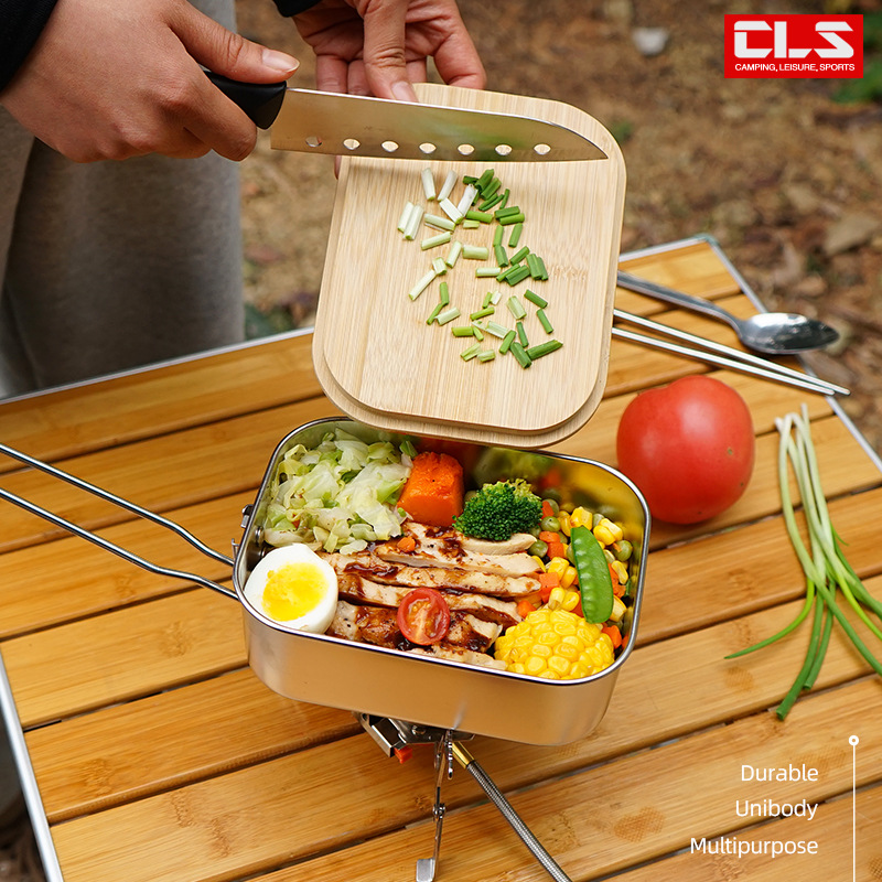 Public Table 304 Stainless Steel Lunch Box Outdoor Picnic Portable Bamboo Wood Cutting Board Cover Multipurpose Lunchbox Camping Lunch Box