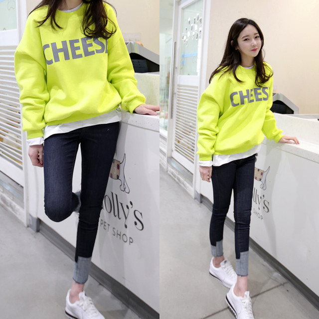 Fluorescent green round neck sweater loose large size lazy style new pphome thick section plus velvet Korean version of pure cotton does not pill