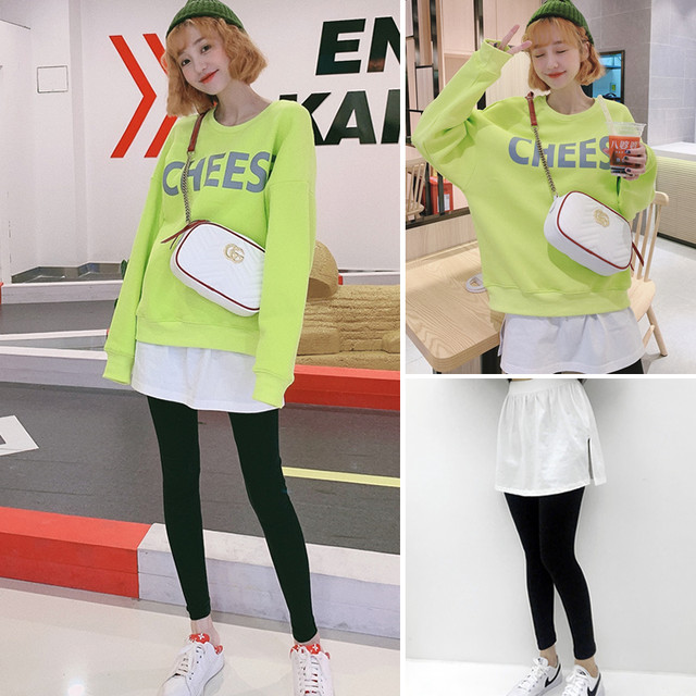 Candy sweater women's loose bf lazy wind fake two pieces trendy ins plus velvet capless Korean version autumn and winter suit fluorescent green