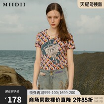 MIIDII riddle 2021 summer new vintage V-neck elegant print pattern short sleeve T-shirt female 215MT6030
