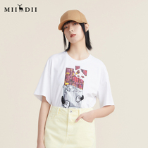 Riddle Bottom 2022 Autumn New Pint Chocolate Printed Round Collar Loose T-Shirt Woman Cotton Short Sleeve 223MT1030