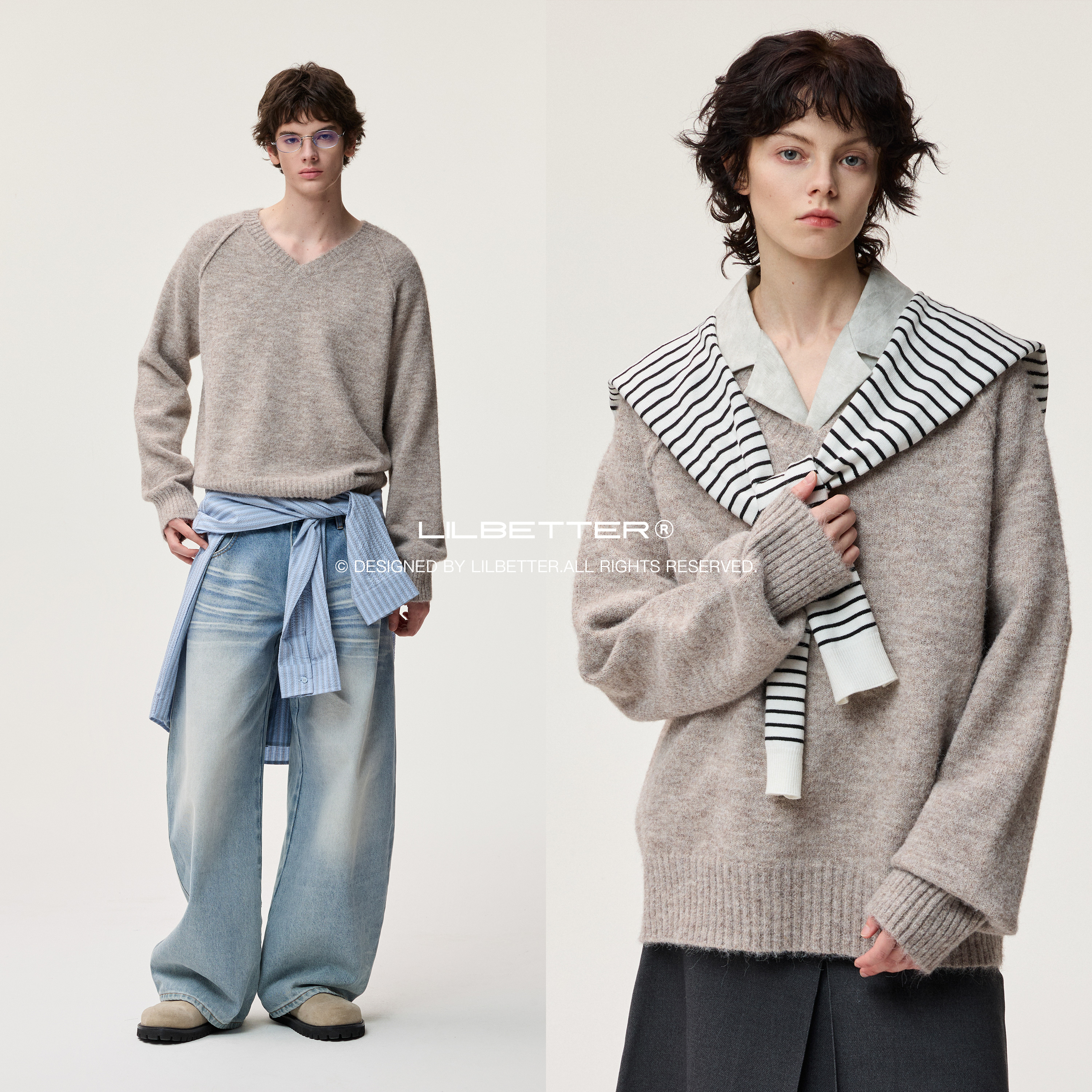 リルベター モヘア リバースステッチ クリーンフィット セーター 2025年秋 レトロ レイジーショルダー Vネックセーター