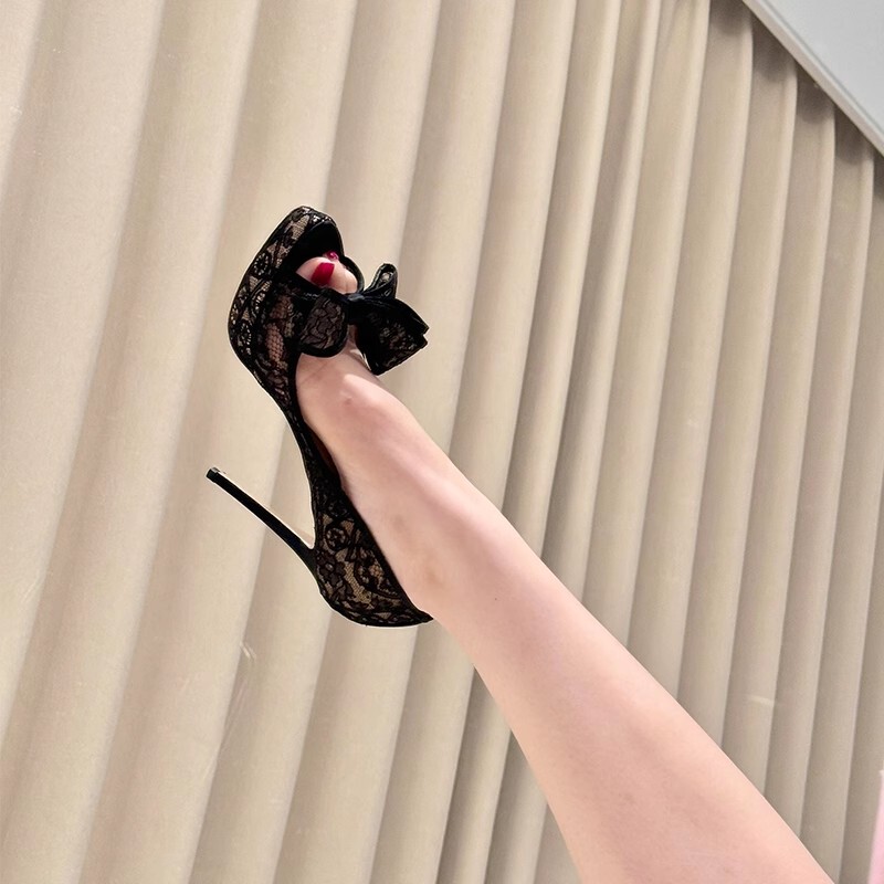 2025 New Open-Toe Fish Mouth Mesh Lace Embroidered Bow Waterproof Platform Sandals Feminine Stiletto High Heels