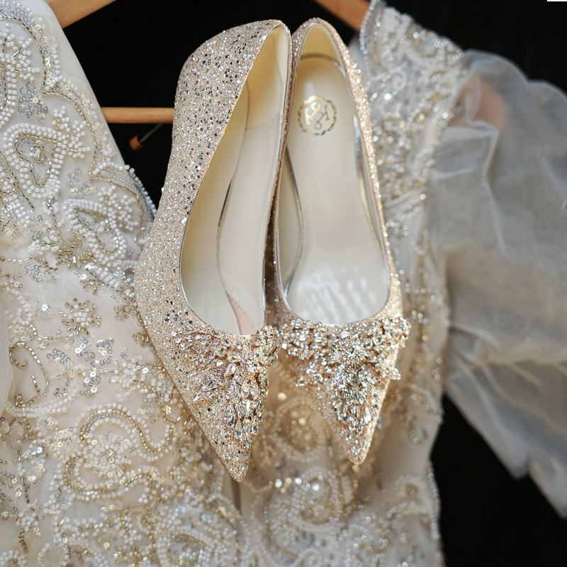 2026 New Gold Wedding Shoes for the Bride, Dual-Wear Bridal Crystal Shoes, High Heels, Champagne Banquet Rhinestone Shoes