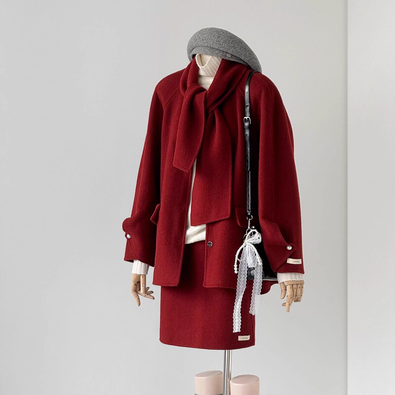 High-End Double-Sided Cashmere Coat Suit for Women, Red Festive Christmas and New Year Outfit, Petite Double-Sided Wool Skirt Suit High-End Double-Sided Cashmere Coat Suit for Women, Red Festive Christmas and New Year Outfit, Petite Double-Sided Wool Skirt Suit