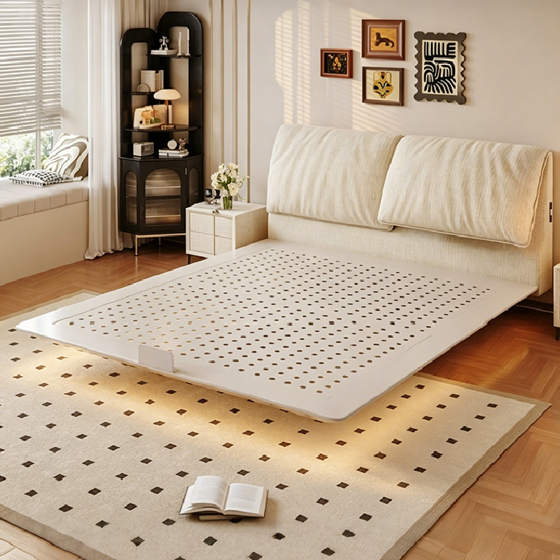Fabric Upholstered Bed with Adjustable Elephant Ear Design, Carbon Steel Floating Bed, Wrought Iron Bed, Mid-Century Style Master Bedroom Bed Fabric Upholstered Bed with Adjustable Elephant Ear Design, Carbon Steel Floating Bed, Wrought Iron Bed, Mid-Century Style Master Bedroom Bed