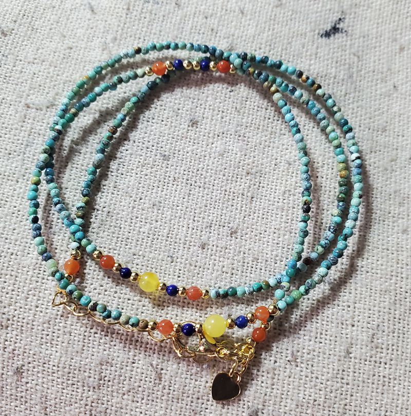 Raw mine turquoise 925 silver with beeswax gold amber lapis lazuli heather and many treasures string bracelet necklace about 2MM