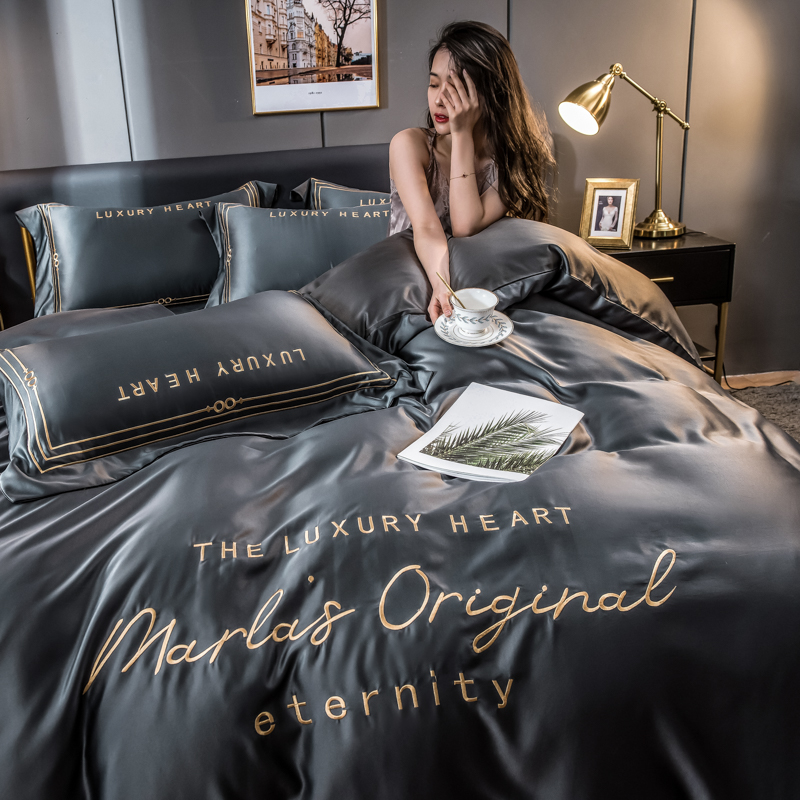 Summer dirt resistant dark gray ice silk four-piece set Nordic style quilt cover sheet silk net red bedding bed kasa model