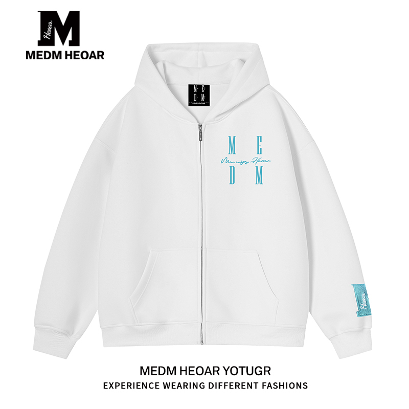 【Complete Set of Three Items】Medmhhut Chinese Trendy Brand Embroidered Zip-Up Hoodie Couple Casual Jacket Hooded Sweatshirt