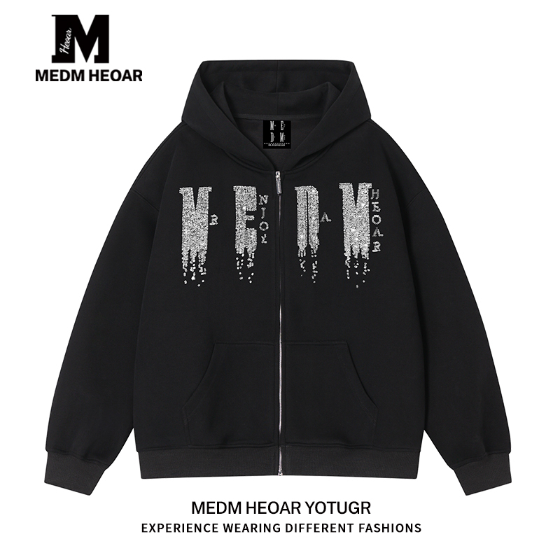 [All Three Labels Complete] Medmhhut Printed Sequined Casual Zipper Hooded Sweatshirt Couple's Jacket Autumn