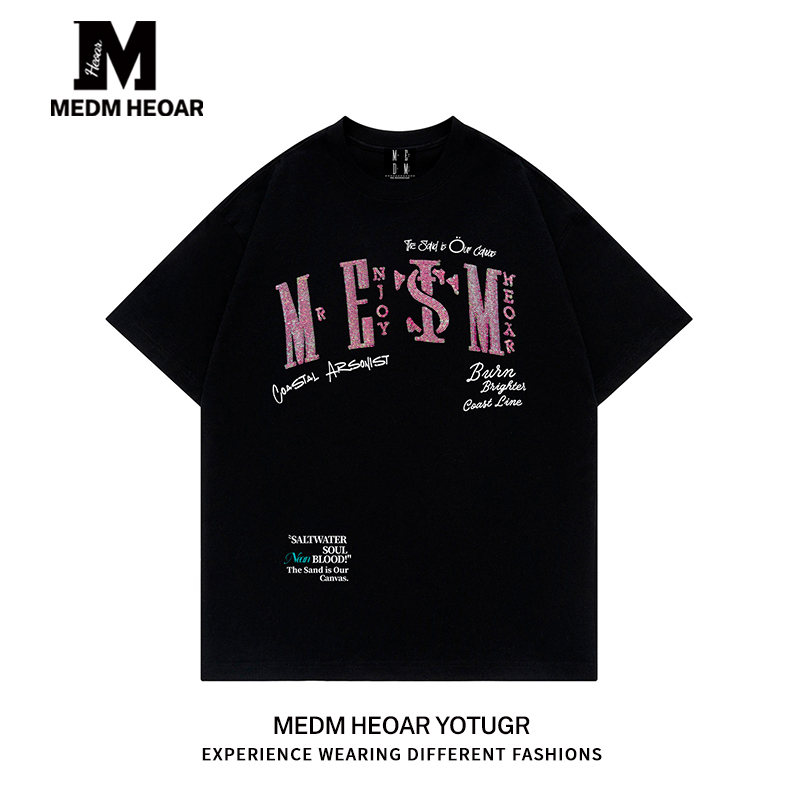 Medm Heoar× Stk Co-Branded Letter Top, Round Neck, Loose, Versatile, Casual Short-Sleeved T-Shirt, Same Style for Men and Women
