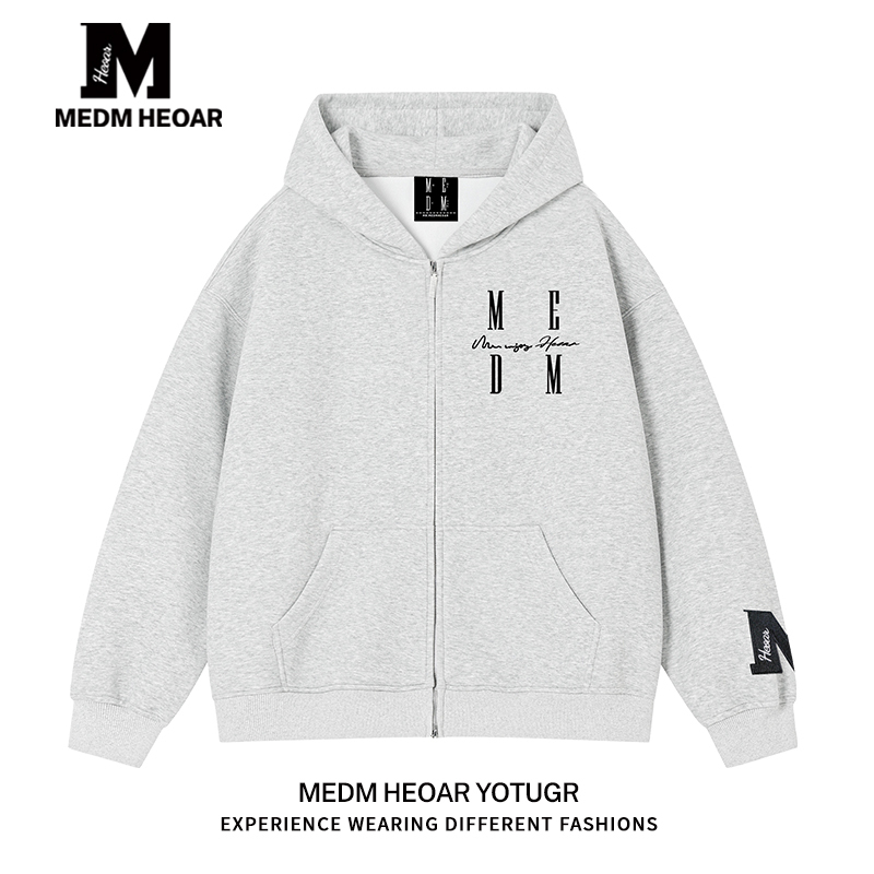 【Complete Set of Three Items】Medmhhut Chinese Trendy Brand Embroidered Zip-Up Hoodie Couple's Hooded Sweatshirt Casual Jacket
